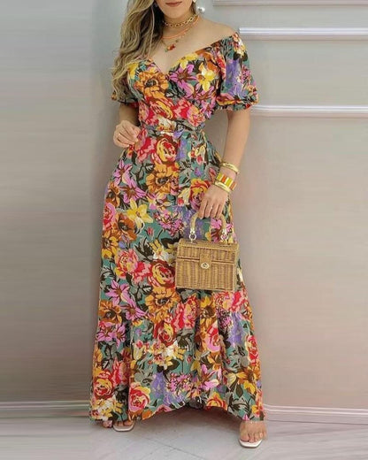 Short Sleeve Printed V-neck Waist-controlled Lace-up Dress