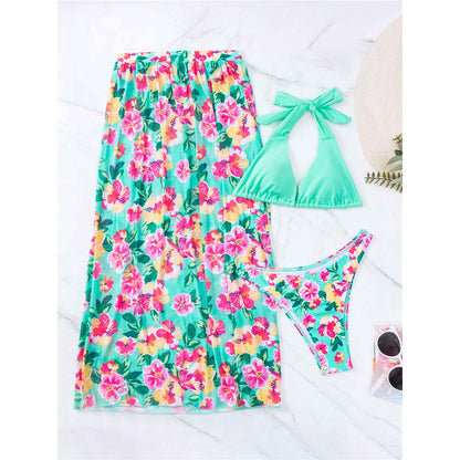 Sexy Split Swimsuit Swimming Suit High Slit Printed Three-piece Set