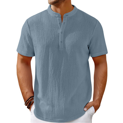 Men's Retro Cotton And Linen Stripes Henley Shirt Casual Loose Shirt