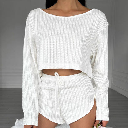 Polyester Women's Summer Long Sleeve Shorts Pajamas Suit