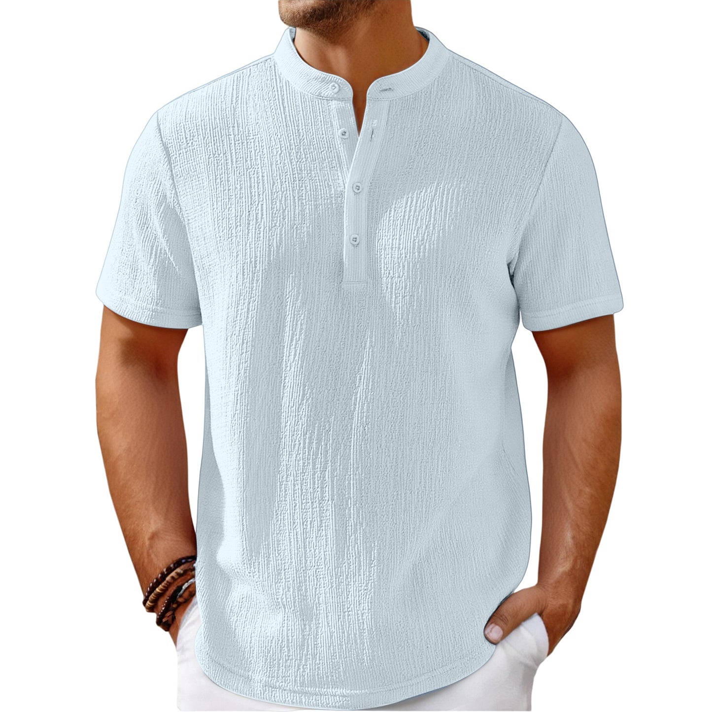 Men's Retro Cotton And Linen Stripes Henley Shirt Casual Loose Shirt