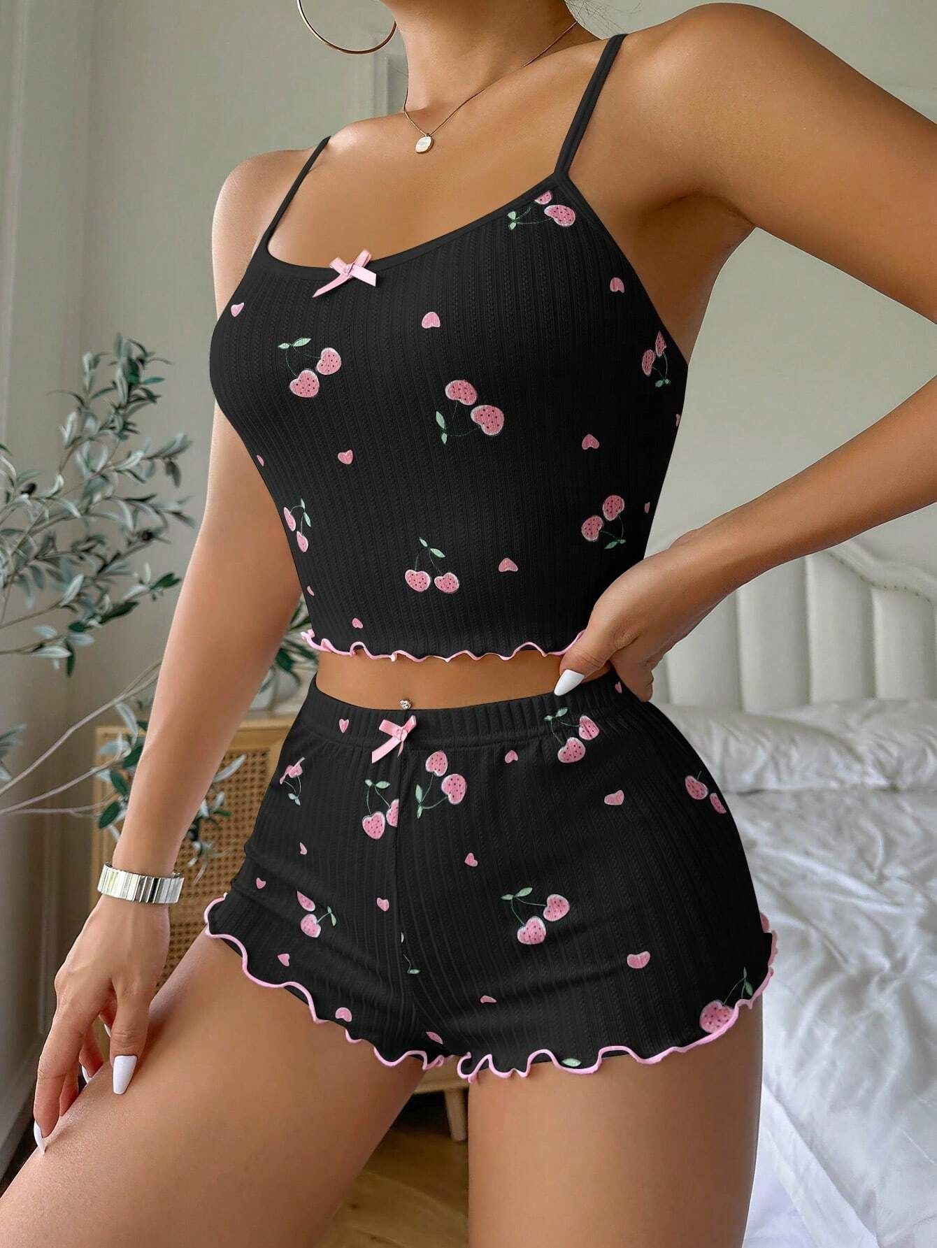 Summer Suspender Elastic Shorts Pajamas Women's Suit