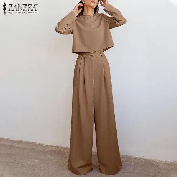 Loose-fitting Solid Color Long Sleeves Casual Two-piece Suit Wide Leg Pants Suit