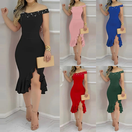 New Summer Fashion Skinny Sheath Off-shoulder Ruffled Dress