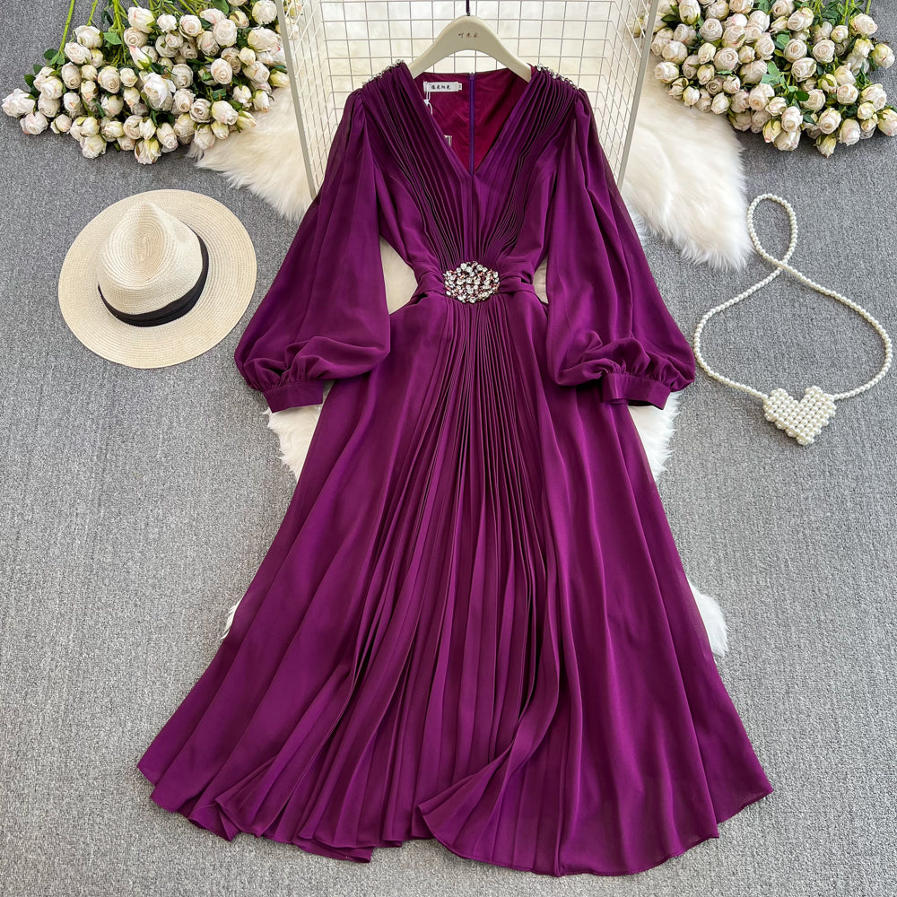 Seaside Holiday Waist Slimming A- Line Chiffon Pleated Dress Elegant Large Swing Dress