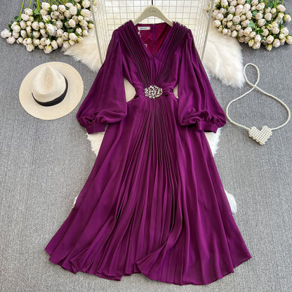 Seaside Holiday Waist Slimming A- Line Chiffon Pleated Dress Elegant Large Swing Dress