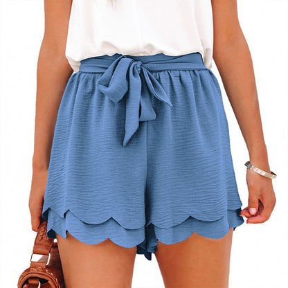 Summer Women's Shorts Double-layer Petals Elastic Waistband Lace-up Casual Slimming
