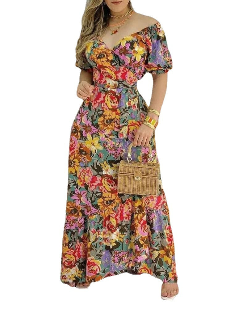 Short Sleeve Printed V-neck Waist-controlled Lace-up Dress