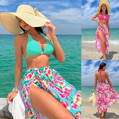 Sexy Split Swimsuit Swimming Suit High Slit Printed Three-piece Set