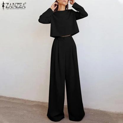 Loose-fitting Solid Color Long Sleeves Casual Two-piece Suit Wide Leg Pants Suit