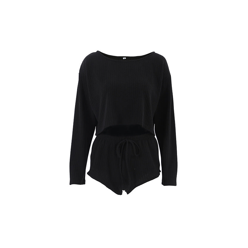 Polyester Women's Summer Long Sleeve Shorts Pajamas Suit