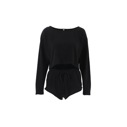 Polyester Women's Summer Long Sleeve Shorts Pajamas Suit