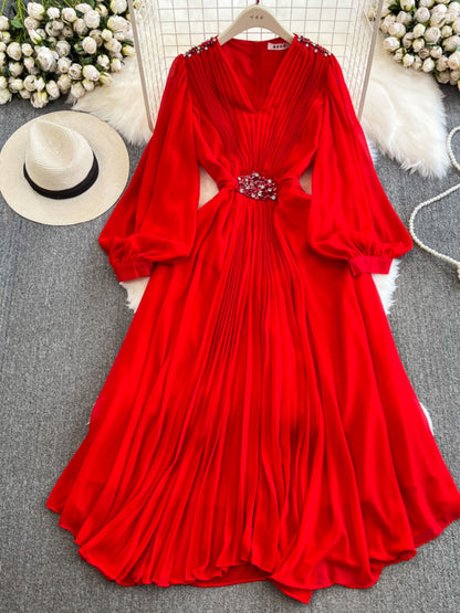 Seaside Holiday Waist Slimming A- Line Chiffon Pleated Dress Elegant Large Swing Dress