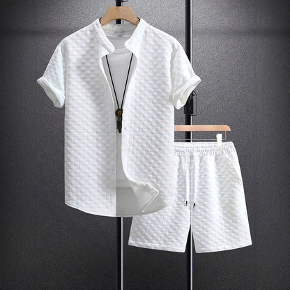 Men's Jacquard Casual Short Sleeve Shirt Outfit
