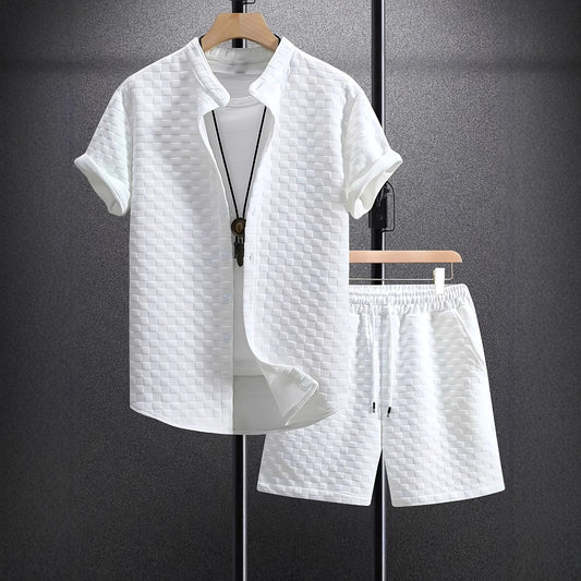 Men's Jacquard Casual Short Sleeve Shirt Outfit