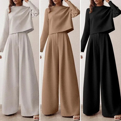 Loose-fitting Solid Color Long Sleeves Casual Two-piece Suit Wide Leg Pants Suit