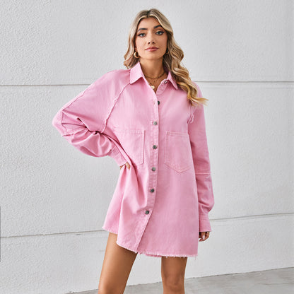 Washed Raw Edge Denim Dress Stitching Long-sleeved Cardigan