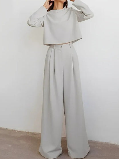 Loose-fitting Solid Color Long Sleeves Casual Two-piece Suit Wide Leg Pants Suit