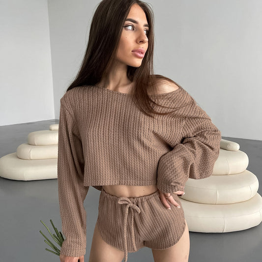 Polyester Women's Summer Long Sleeve Shorts Pajamas Suit