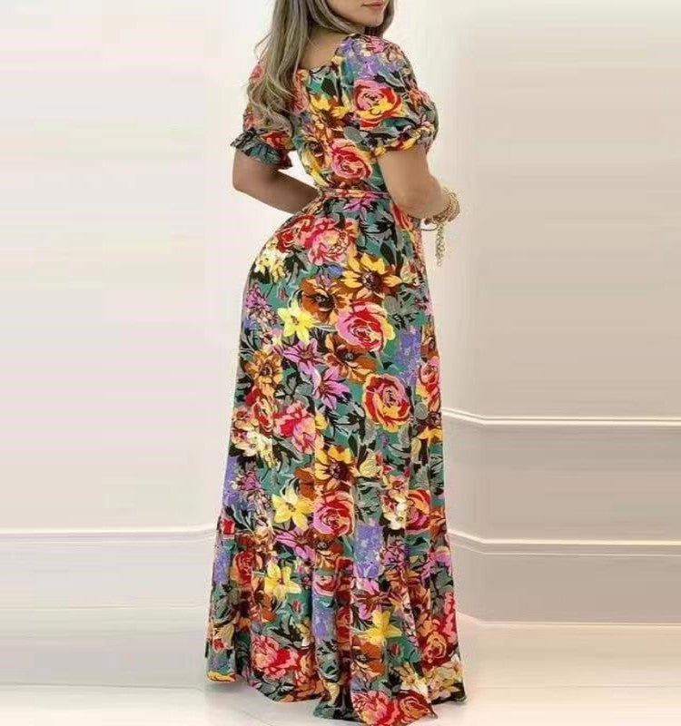 Short Sleeve Printed V-neck Waist-controlled Lace-up Dress