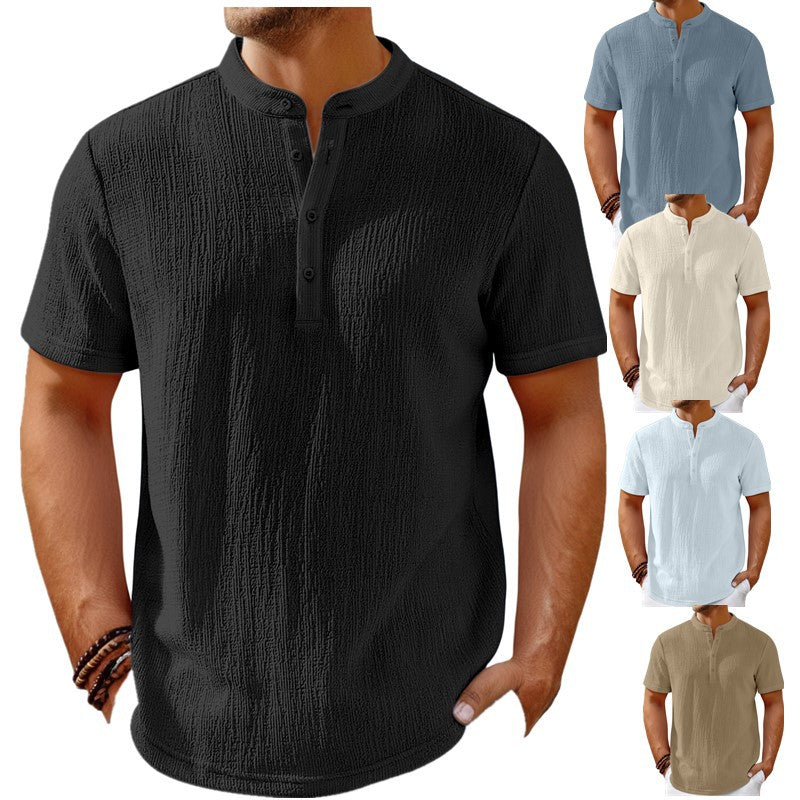 Men's Retro Cotton And Linen Stripes Henley Shirt Casual Loose Shirt