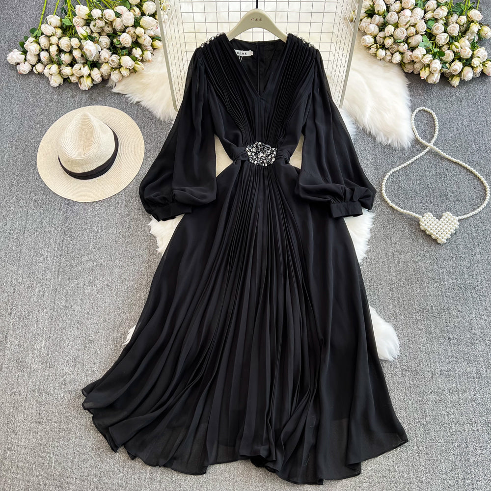 Seaside Holiday Waist Slimming A- Line Chiffon Pleated Dress Elegant Large Swing Dress