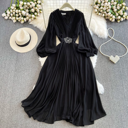 Seaside Holiday Waist Slimming A- Line Chiffon Pleated Dress Elegant Large Swing Dress