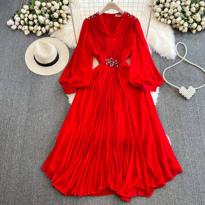 Seaside Holiday Waist Slimming A- Line Chiffon Pleated Dress Elegant Large Swing Dress