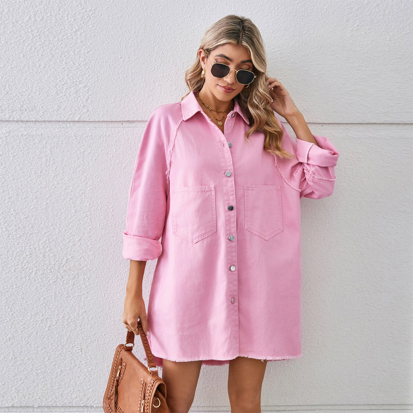 Washed Raw Edge Denim Dress Stitching Long-sleeved Cardigan