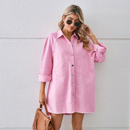 Washed Raw Edge Denim Dress Stitching Long-sleeved Cardigan