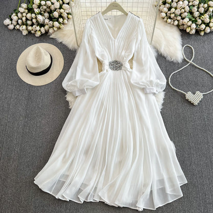 Seaside Holiday Waist Slimming A- Line Chiffon Pleated Dress Elegant Large Swing Dress