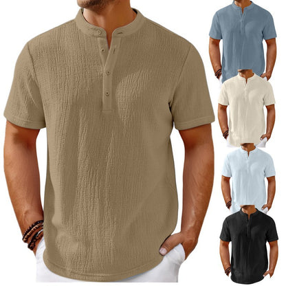 Men's Retro Cotton And Linen Stripes Henley Shirt Casual Loose Shirt