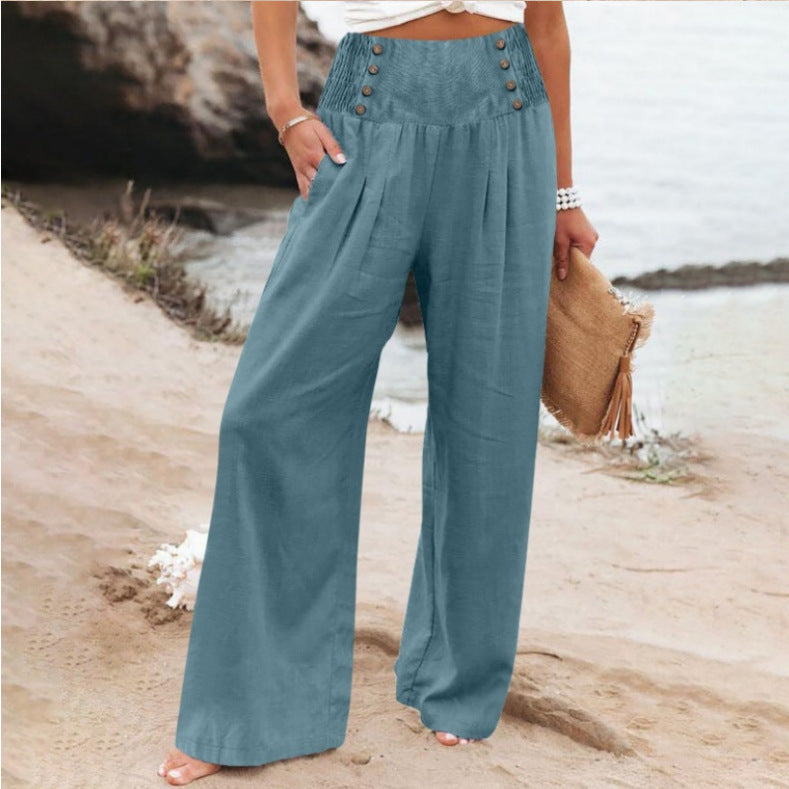 Spring And Summer Casual Elastic Waist High Waisted Women's Wide Leg Cotton Linen Loose Pants