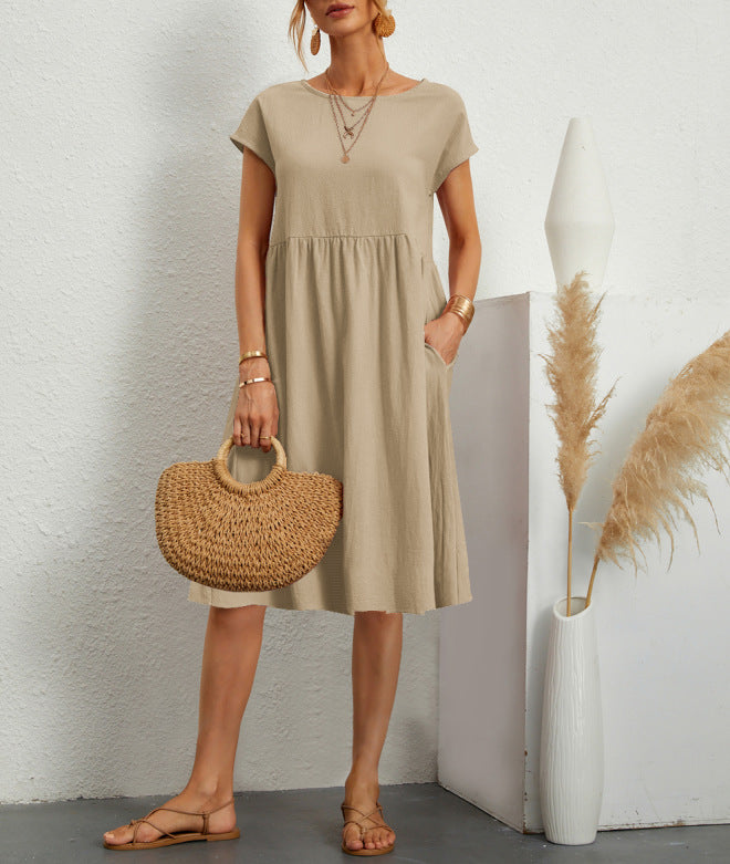 Summer OL Style Women's Solid Color Cotton Round Neck A-line Skirt Mid Length Dress