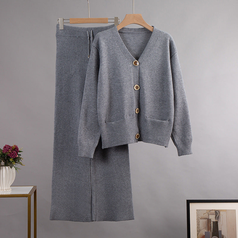 V-neck Cardigan Sweater Wide-leg Pants Suit