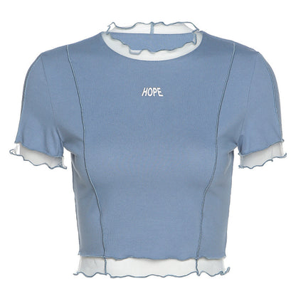 Fashion Letter Print Round Neck Wooden Ears Navel Exposed T Shirt Women