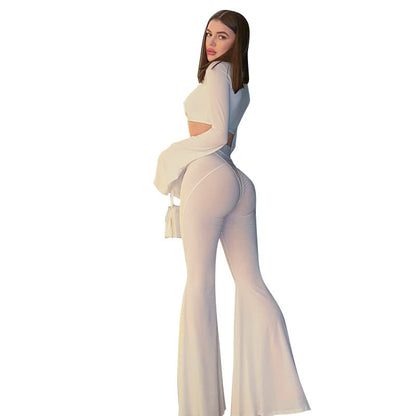 See-through Solid Color High Waist Tight Speaker Long Sleeve Slacks