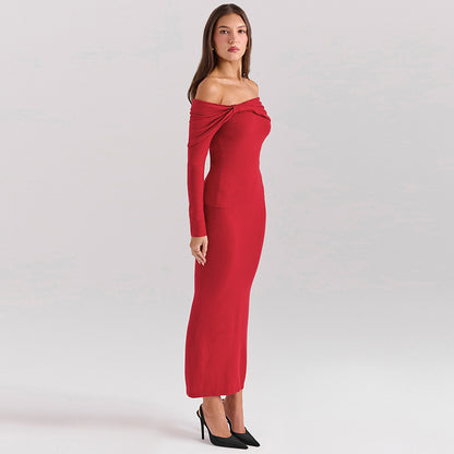 Women's Off-shoulder Collar Long Sleeve Off-shoulder Split Dress