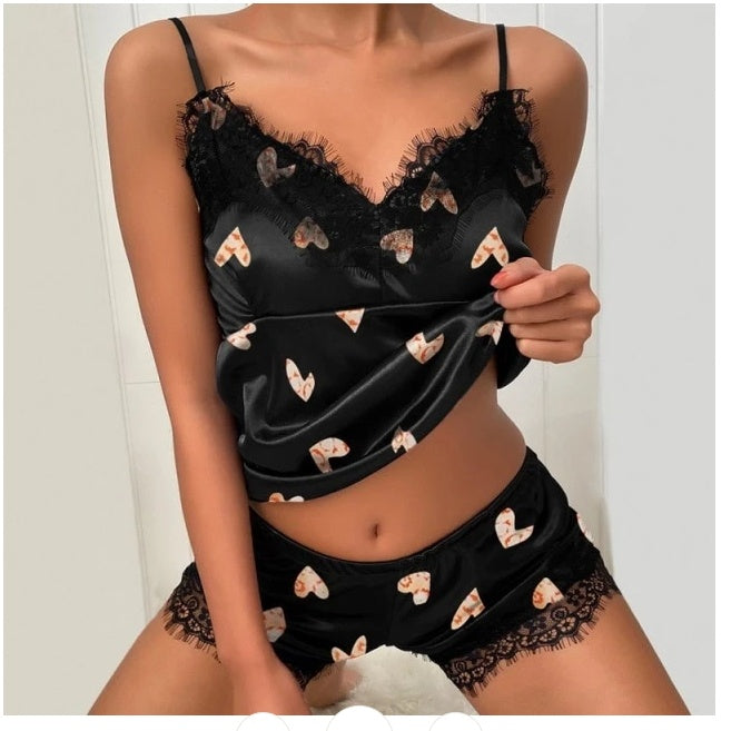 Ladies Eyelash Lace Decoration Polka Dot Printing Satin Suspender Pajamas Suit