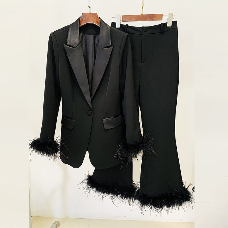 True Feathers Ostrich Fur Blazer Cropped Pants Set Two-piece Suit