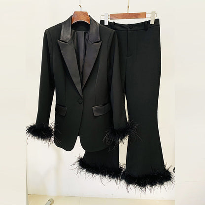 True Feathers Ostrich Fur Blazer Cropped Pants Set Two-piece Suit