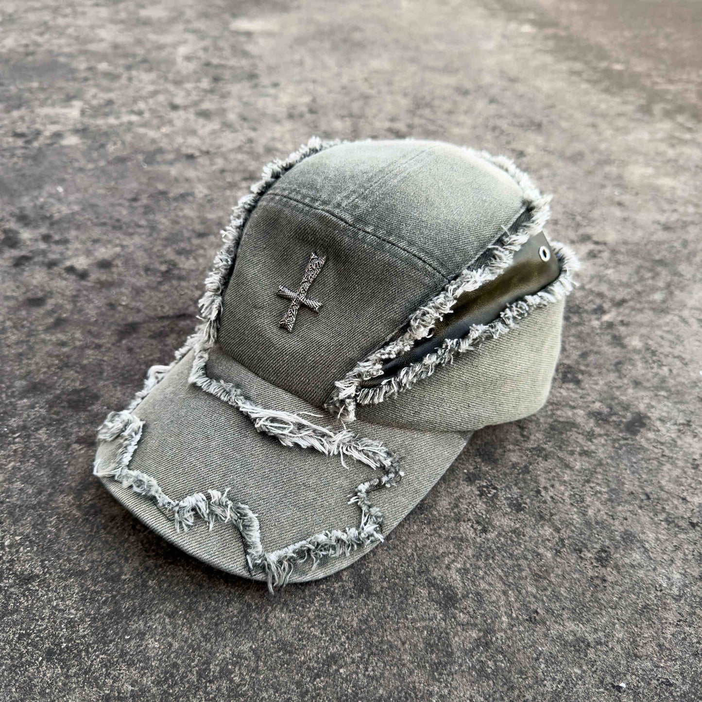 Washed Destroyed Leather Patchwork Denim Cross Baseball Cap