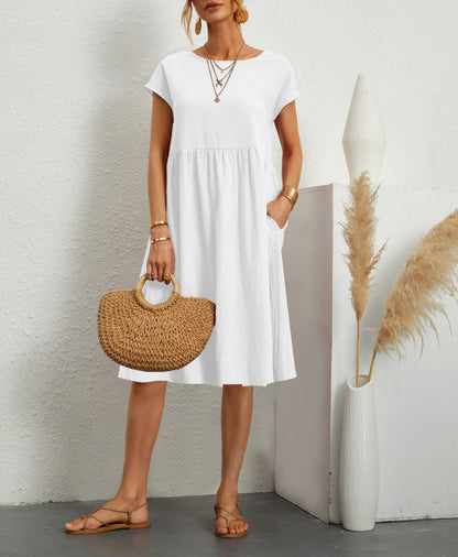 Summer OL Style Women's Solid Color Cotton Round Neck A-line Skirt Mid Length Dress