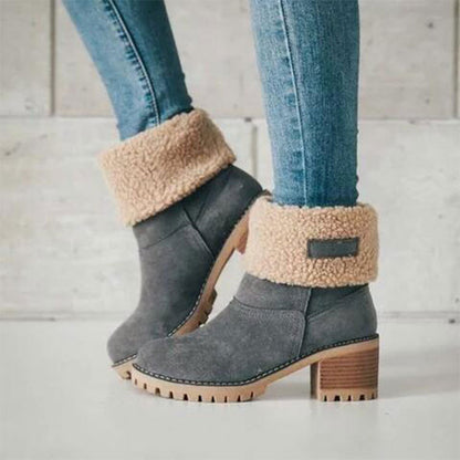 Suede Ankle Boots Adjustable Foldable Mid-Calf Boot Winter Flock Square Heels Shoes Fashion Plush Warm Platform Non-Slip Shoes