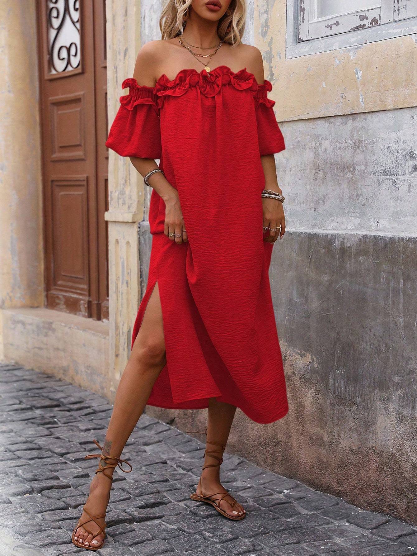 Women's Fashionable Off Shoulder Ruffle Trim Slit Dress