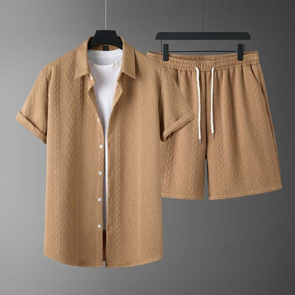Men's Diamond Patterned Short Sleeved Shirt And Shorts Set