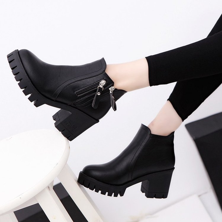 Mid-heel Chunky Heel Round Toe Temperament Side Zipper Short Boots