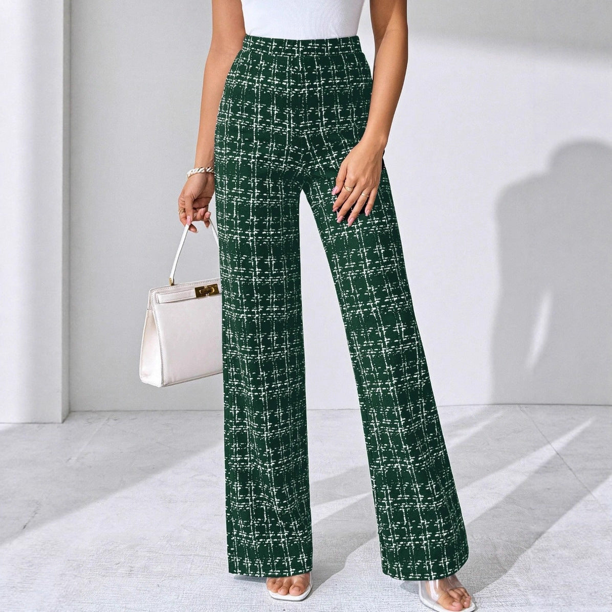 Woven Plaid High Waist Straight Women's Pants