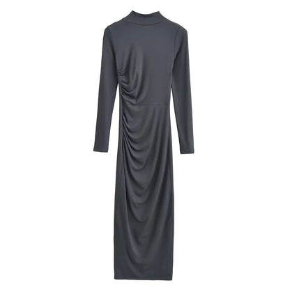 Women's Fashion Pure Color Half Collar Slim-fit Long-sleeved Dress