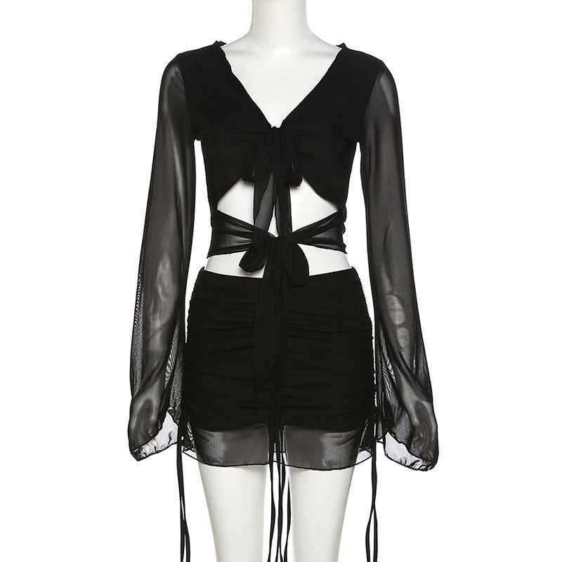 Women's Slim Fit Short Long Sleeve Top Waist Wrap Hip Half Skirt Set